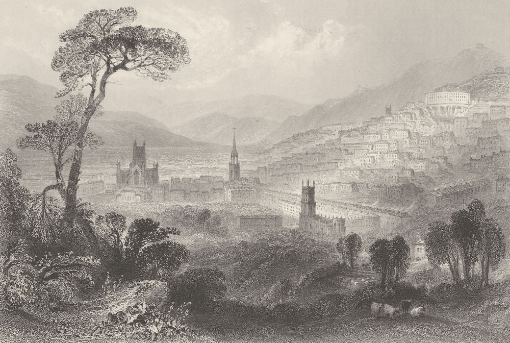 Bath, with the city, cathedral, and downs. Somerset. BARTLETT 1842 old print